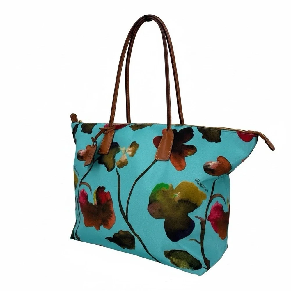 Roberta Pieri Robertina Tote Bag In Teal With Floral Print Overnight Designer